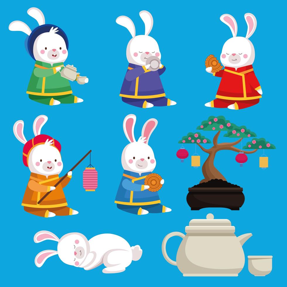 mitt höst firande kort med kaniner och bonsai ikoner vektor