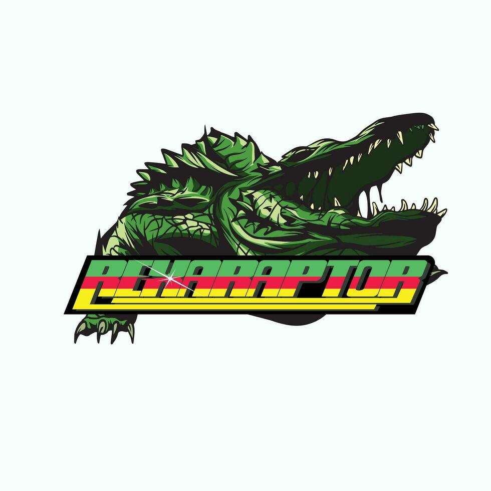 Krokodil Maskottchen Esport Logo Design zum Spielen Club, Rexaraptor Name Etikett vektor