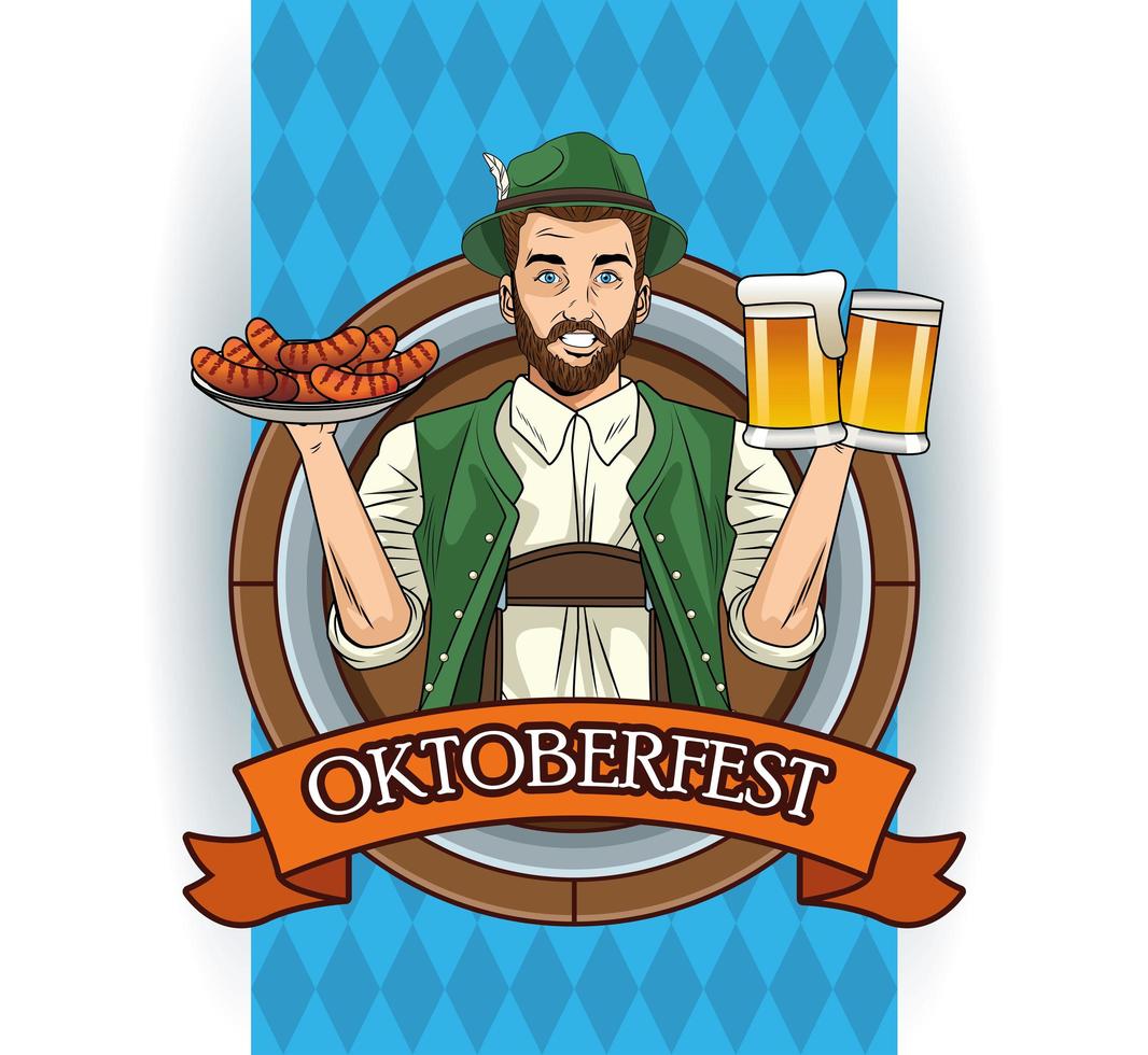 oktoberfest firande kort med tysk man lyft öl och korv vektor