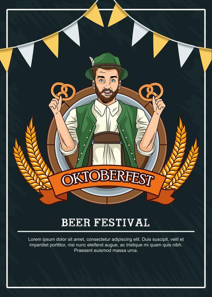 oktoberfest firande kort med tysk man äter kringlor vektor