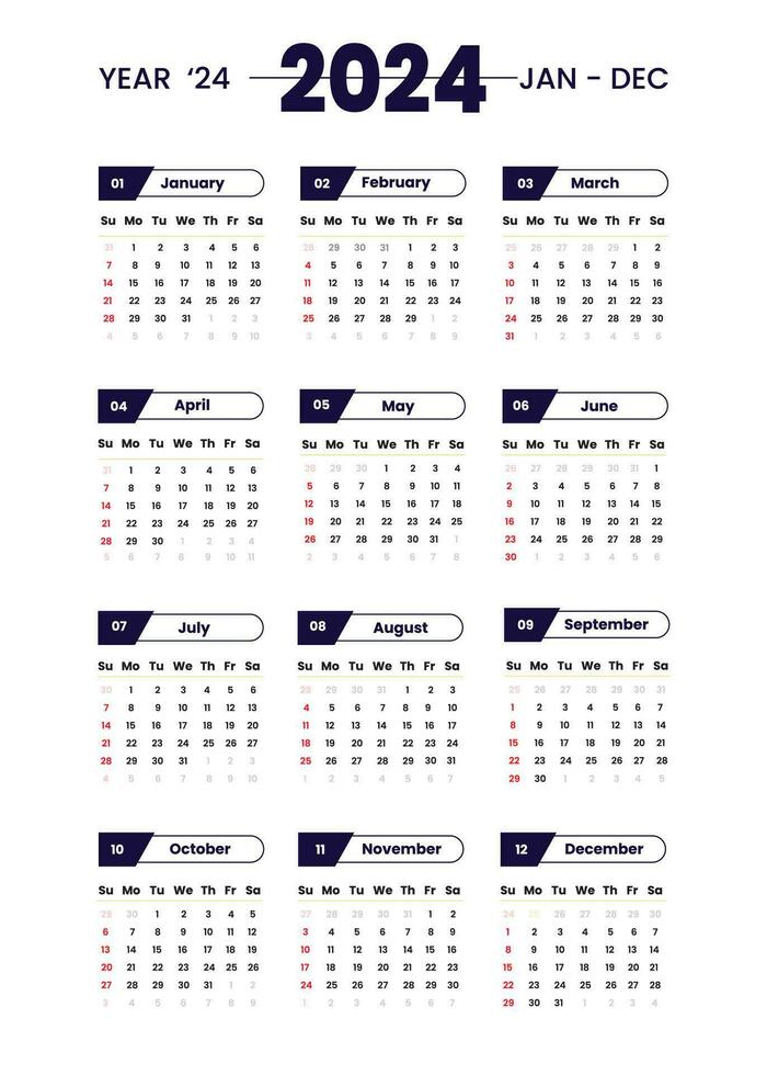 Kalender 2024 Vorlage einfach minimal Kalender, Vektor Planer 2024 Jahr, Mauer Kalender 2024 Jahr, Woche beginnt Sonntag, einstellen von 12 Kalender, Werbung, Drucken, Schreibwaren, Organisation Büro.