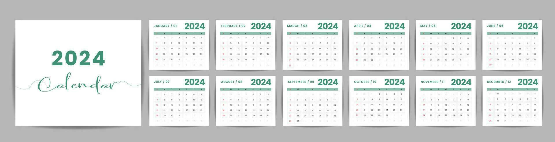 en gång i månaden skrivbord kalender mall för 2024 år. vecka börjar på söndag. vägg kalender 2024 i en minimalistisk stil, uppsättning av 12 månader, planerare, utskrift mall, kontor arrangör vektor. vektor