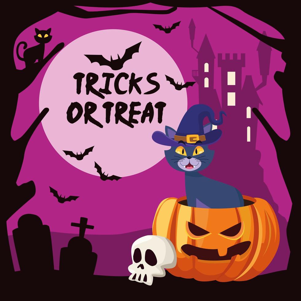 Halloween-Tricks oder Leckerli-Schriftzug mit Katze in Kürbis und Schloss vektor