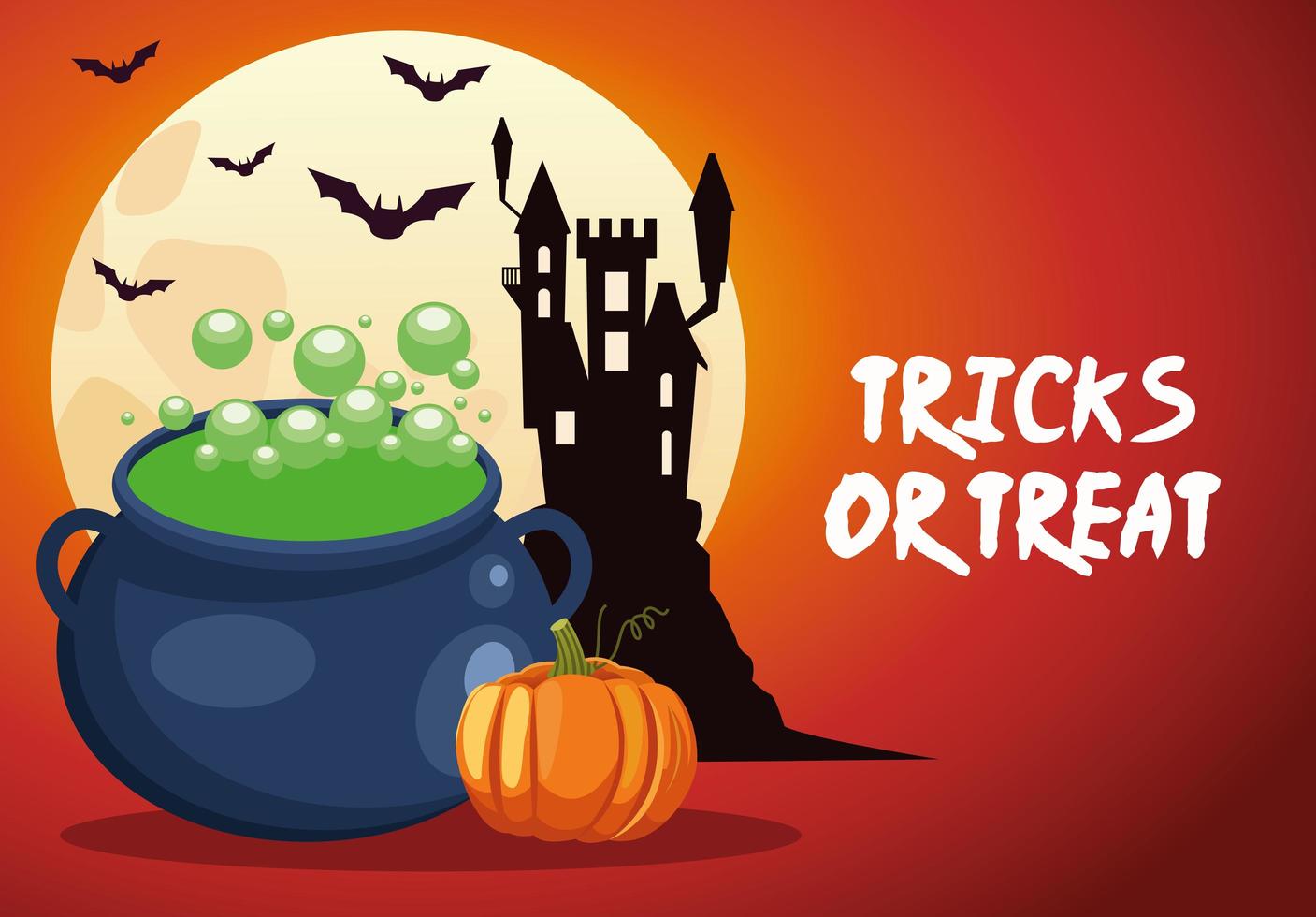 Halloween-Tricks oder Leckerchen-Schriftzug mit Hexenkessel und Schloss vektor