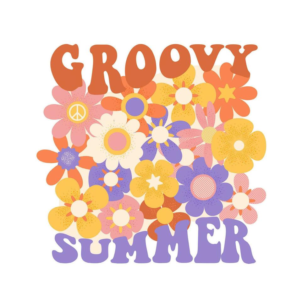 häftig sommar slogan tee skriva ut med hippie stil blommor bakgrund. 70-talet häftig tema hand dragen abstrakt grafisk vektor klistermärke med kornig textur