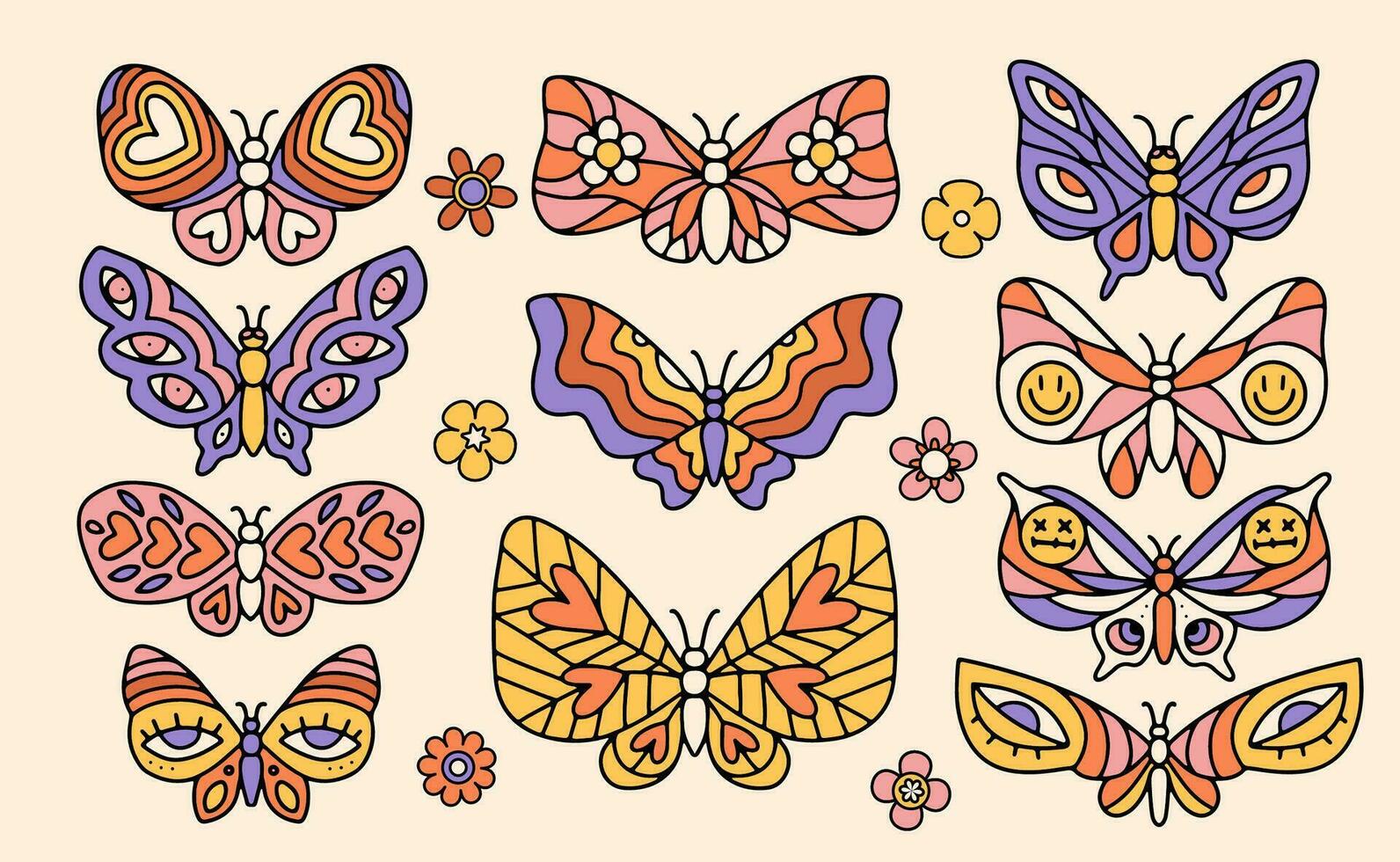 uppsättning av retro häftig fjärilar i trendig 60s 70s stil. hand dragen linjär vektor illustration.