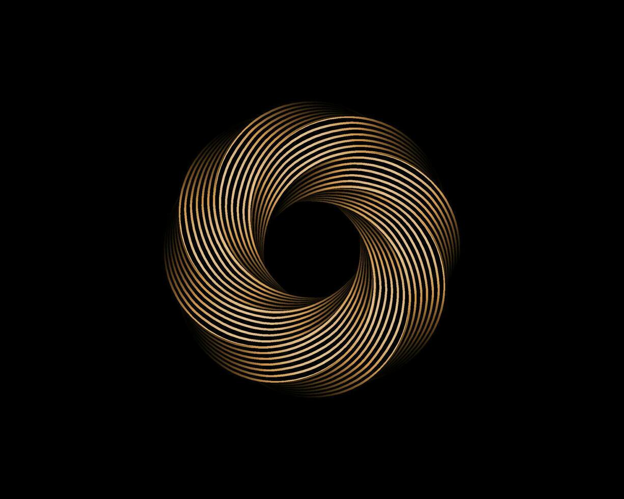 metallisk abstrakt blomma virvel, guld vektor geometrisk cirklar logotyp design isolerat på svart bakgrund. teknologi runda i gyllene Vinka element