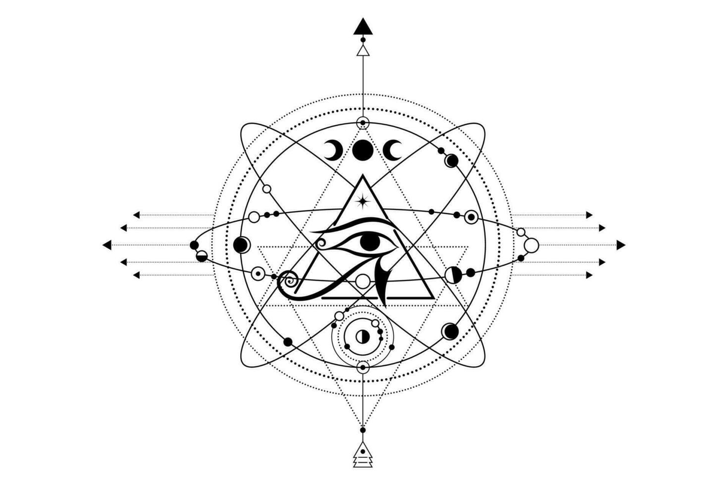 Auge von Horus Logo Design. das uralt Symbol von ägyptisch Pyramide, dritte Auge, kosmisch Symbole, Umlaufbahnen von Planeten, Mond- System. Vektor isoliert auf Weiß Hintergrund. drucken, Poster, T-Shirt