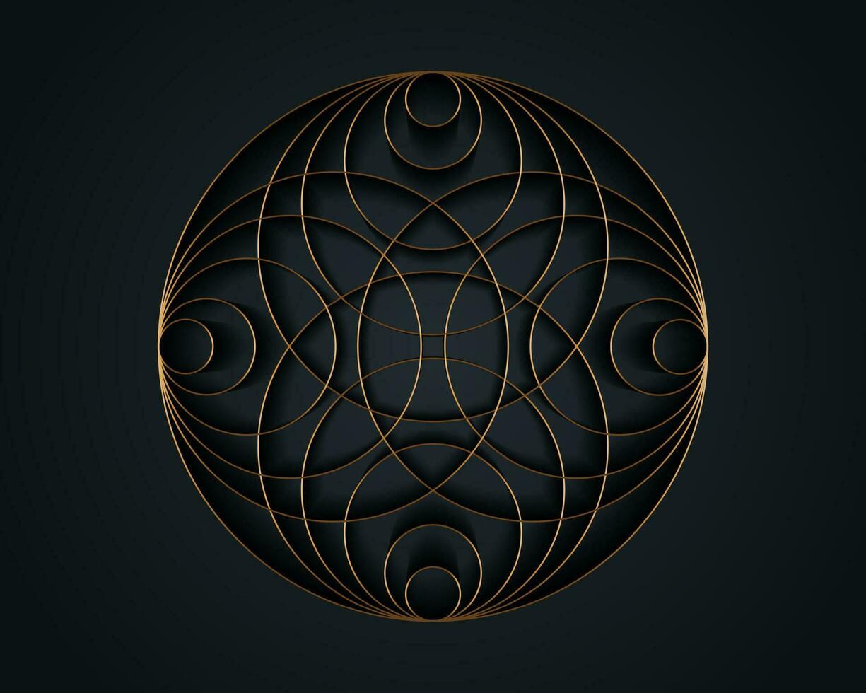 Gold Luxus heilig Mandala Vorlage. runden Design Element isoliert auf schwarz Hintergrund. Kreis Muster im golden Farbe. Vektor Illustration zum Logo, Monogramm, Web-Design, Dekoration, Geschäft