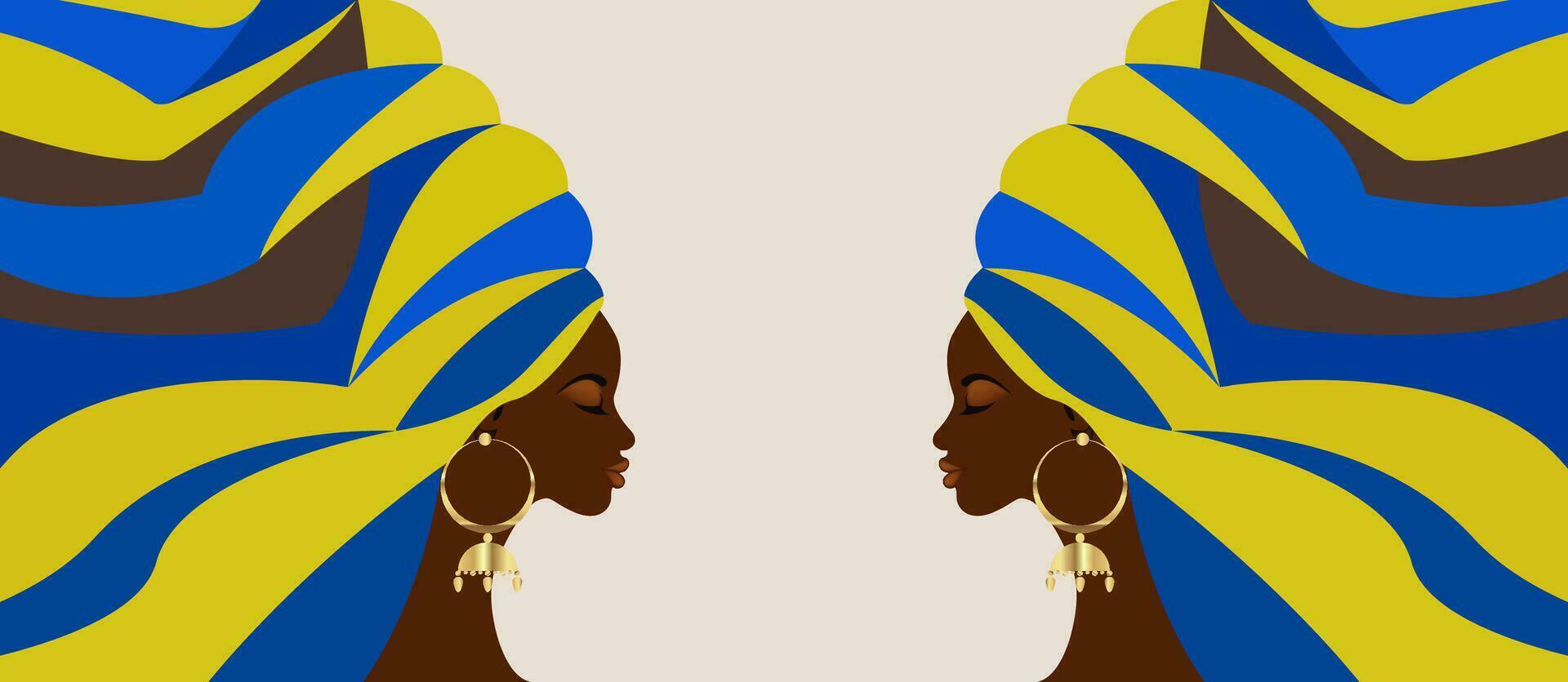 schön Banner von afrikanisch Frauen im traditionell Turban, afrikanisch Kopf wickeln, traditionell schwarz Frau Vektor Silhouette Mode Frisur und Schönheit Konzept Hintergrund