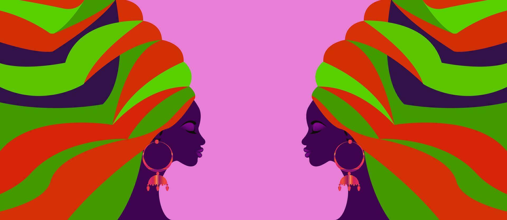 skön färgrik baner av afrikansk kvinnor i traditionell turban, afrikansk huvud slå in, traditionell svart kvinna vektor silhuett mode frisyr och skönhet begrepp mode bakgrund