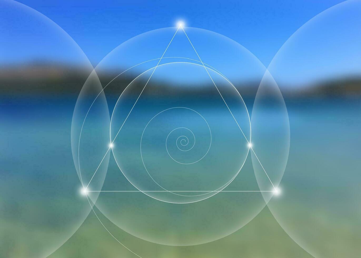 Verriegelung Kreise, Dreiecke und Spiralen Hipster heilig Geometrie Illustration mit golden Verhältnis, Fibonacci Spiral. Vektor isoliert auf Blau Meer Landschaft Hintergrund.