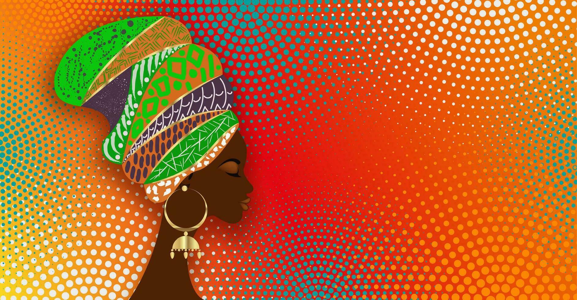 baner av skön afrikansk kvinna i traditionell turban stam- motiv, kente huvud slå in, afrikansk traditionell svart kvinnor vektor silhuett isolerat på färgrik halvton afrikansk skriva ut tyg bakgrund