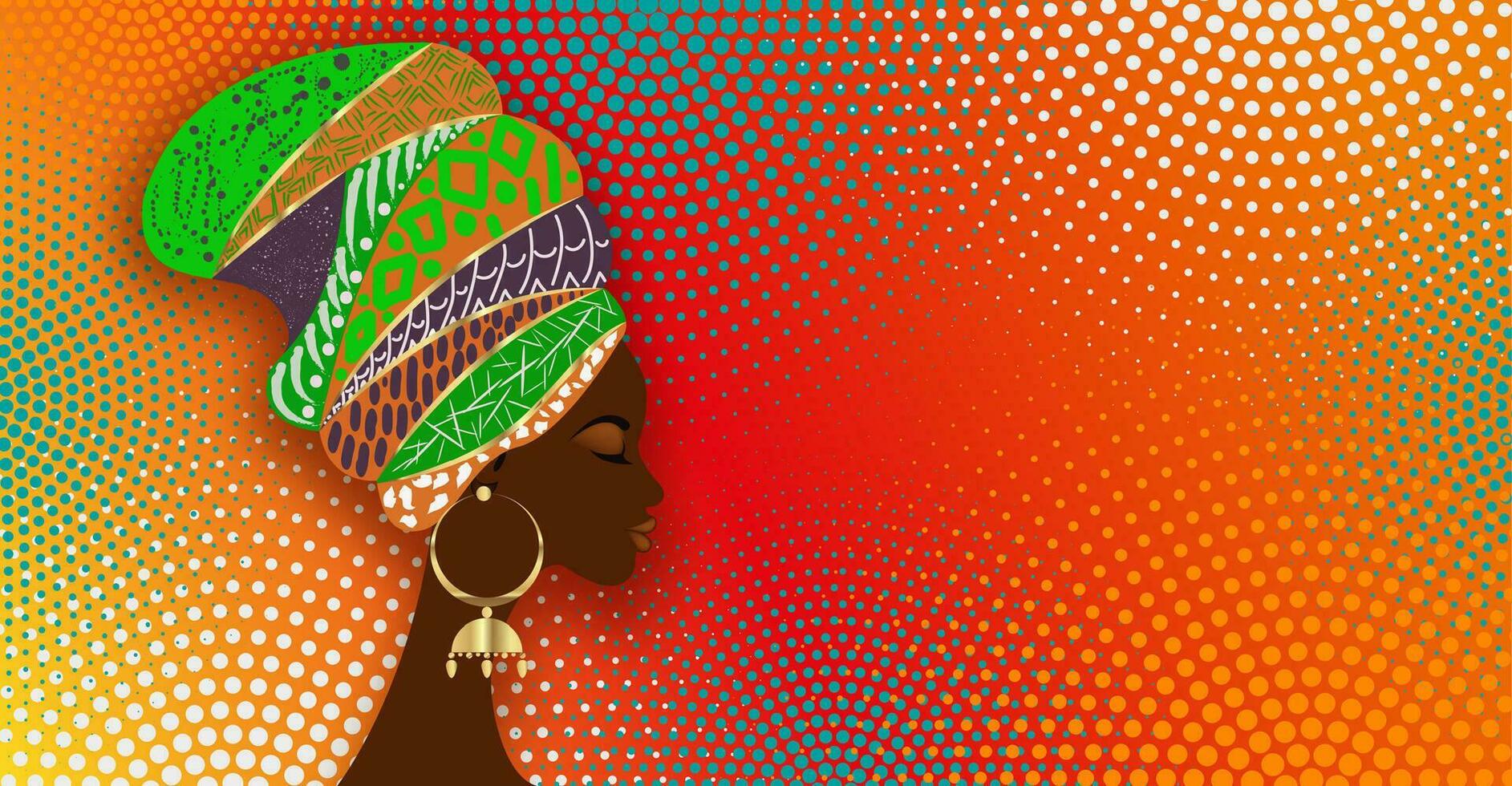 Banner von schön afrikanisch Frau im traditionell Turban Stammes- Motive, kente Kopf wickeln, afrikanisch traditionell schwarz Frauen Vektor Silhouette isoliert auf bunt Halbton afrikanisch drucken Stoff Hintergrund