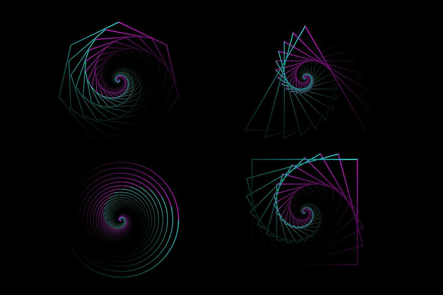 einstellen von verdrehte farbig Spiralen. heilig Geometrie. Tunnel mit Linien im das bilden von ein Dreieck, Quadrat, Kreis und Heptagon. Vektor geometrisch fraktal Element im lebendig Farbe Gradient auf schwarz Hintergrund