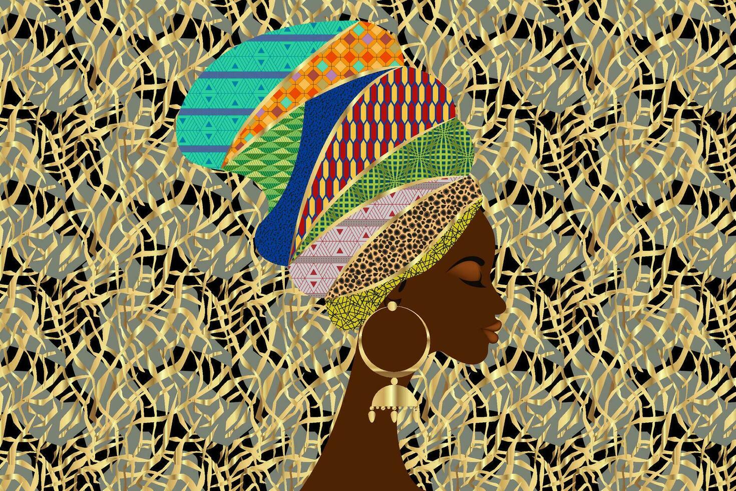 Porträt schön afrikanisch Frau im traditionell Turban Stammes- Motive, kente Kopf wickeln, afrikanisch traditionell schwarz Frauen Vektor Silhouette isoliert mit Gold Ohrringe, Mode Frisur Schönheit Konzept