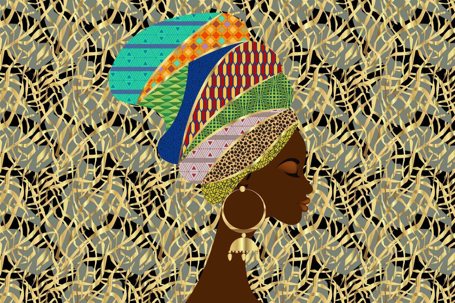 porträtt skön afrikansk kvinna i traditionell turban stam- motiv, kente huvud slå in, afrikansk traditionell svart kvinnor vektor silhuett isolerat med guld örhängen, mode frisyr skönhet begrepp