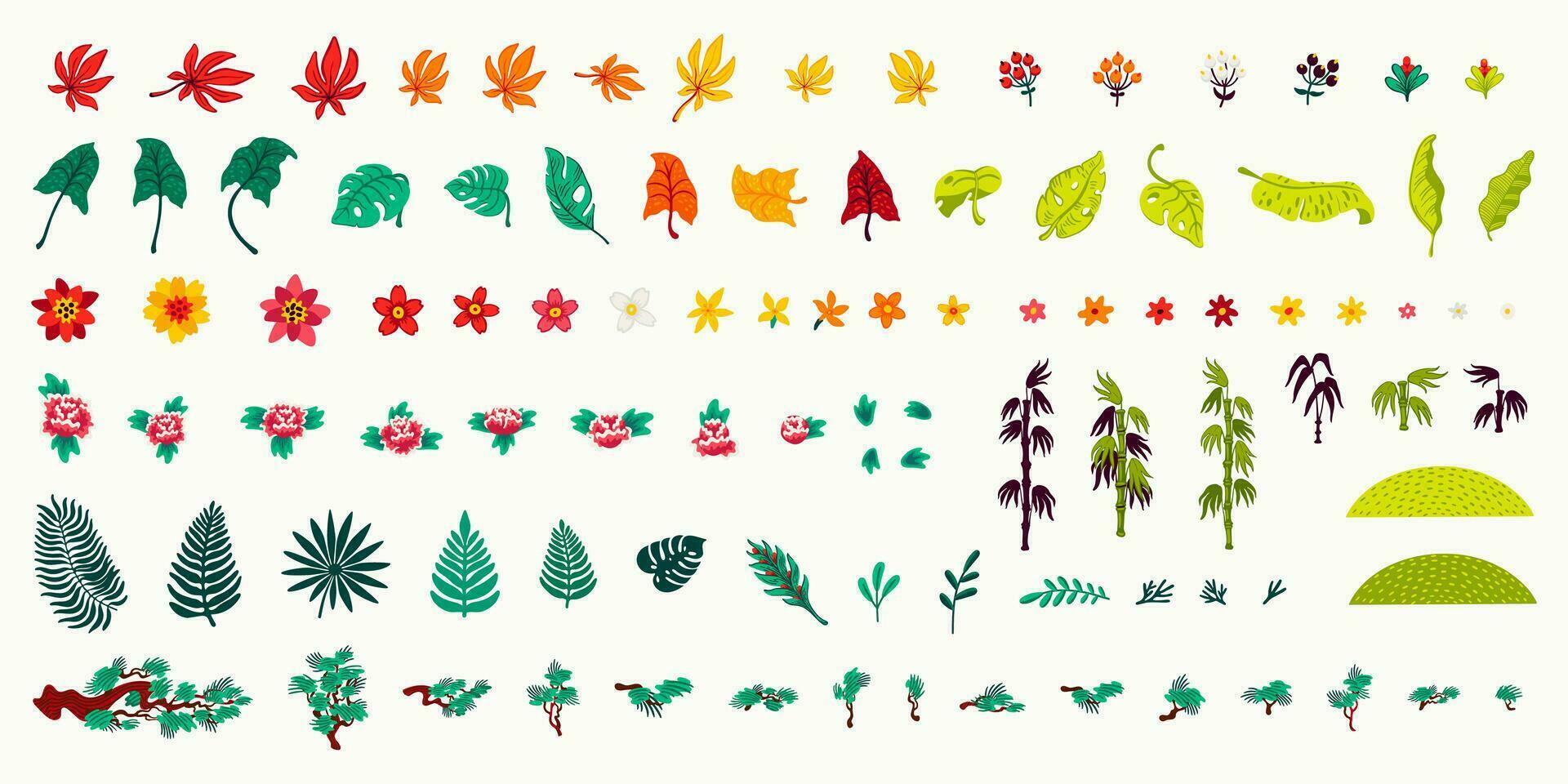 växt uppsättning, vektor uppsättning av naturlig element, handflatan löv, och exotisk blommor. organisk platt stil vektor illustration på vit bakgrund.