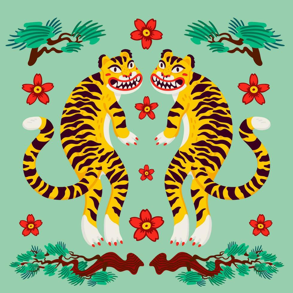 asiatisch Tiger symmetrisch Komposition, Vektor Tiger, und japanisch Kiefer Geäst und Blumen im Karikatur asiatisch Stil. organisch eben Stil Vektor Illustration.