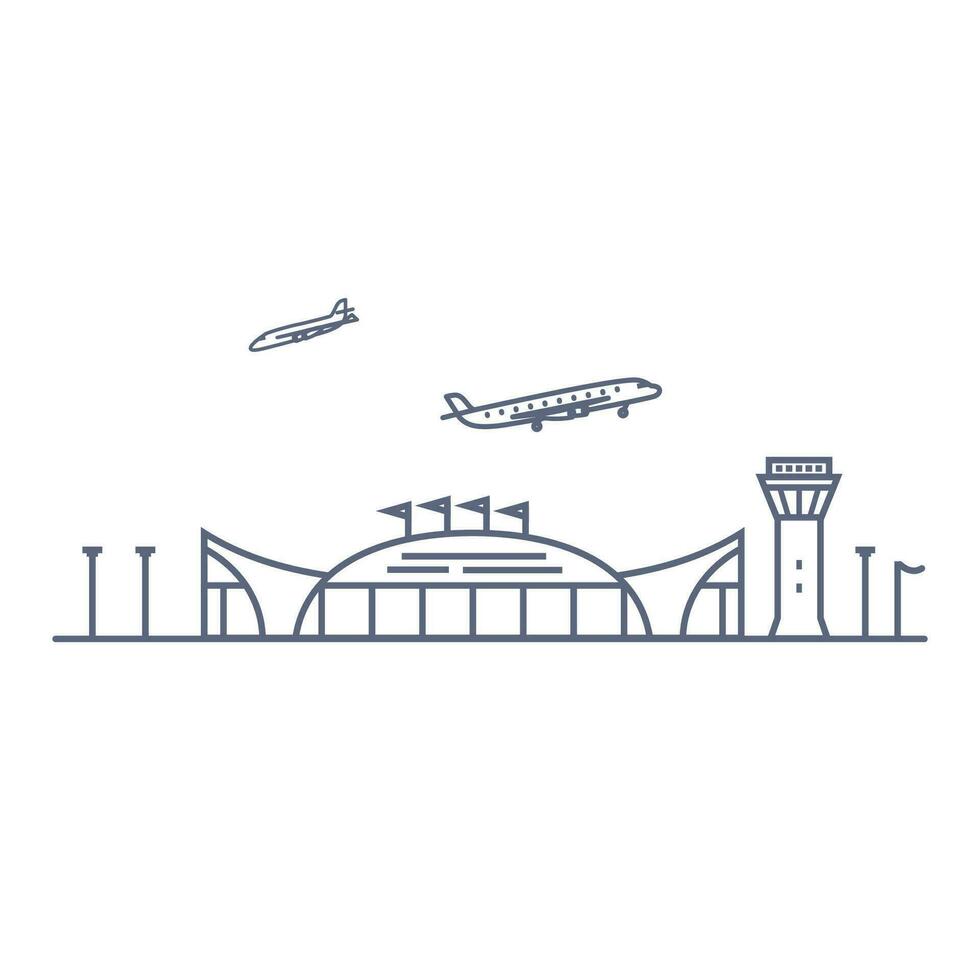 Flughafen Linie Vektor Symbol - - Flughafen Terminal Gebäude und Flugzeuge linear Piktogramm isoliert auf Weiß Hintergrund. Vektor Illustration.