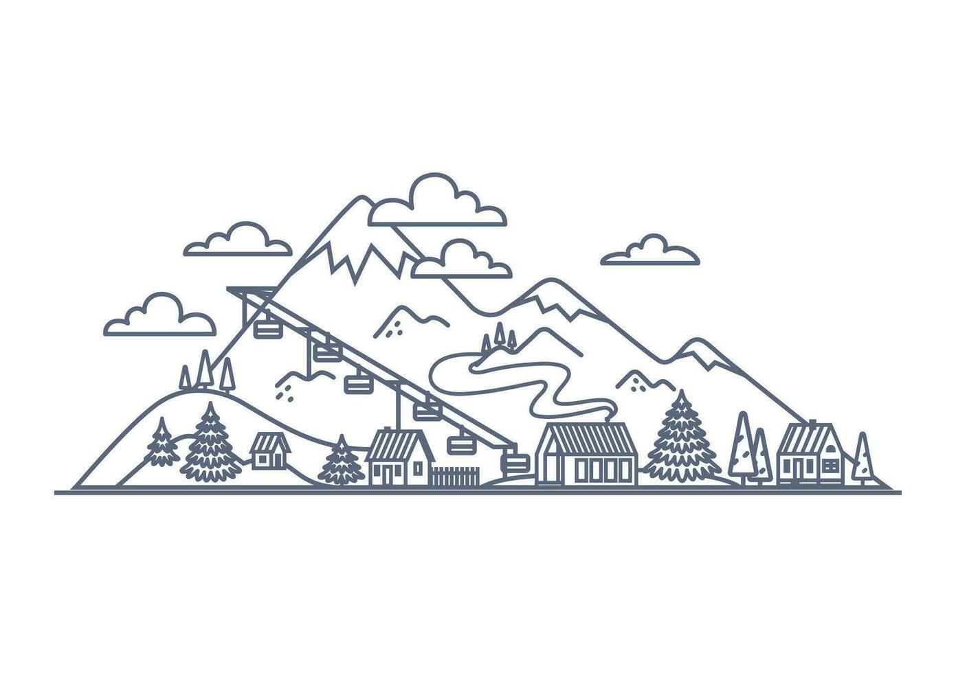 Berg Resort Linie Symbol - - Berg Landschaft mit Dorf Gebäude einfach linear Illustration auf Weiß Hintergrund. Vektor Illustration.