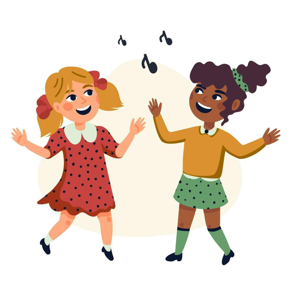 Tanzen Kinder, Karikatur Vektor Illustration von glücklich multikulturell Kinder. eben Stil Vektor Illustration.
