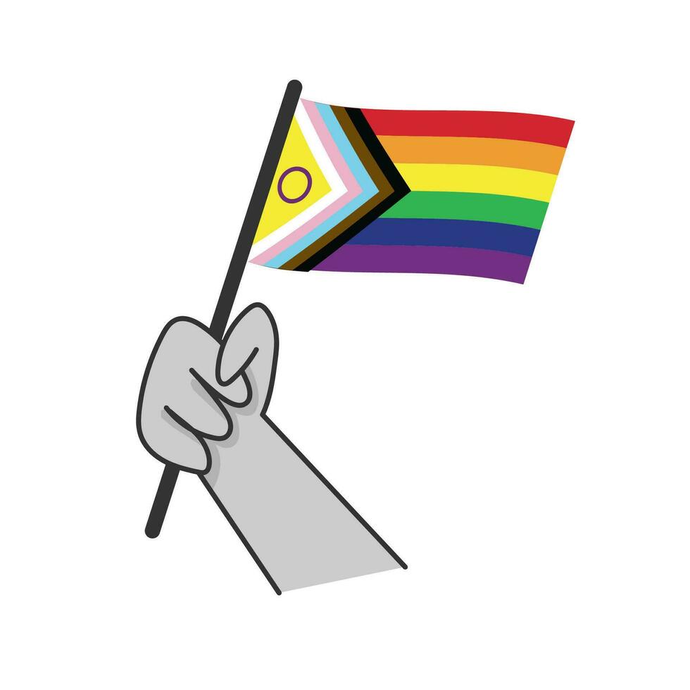 Hand halten lgbt Regenbogen Flagge. Karikatur Arm Gekritzel halten Stolz Symbol. Geschlecht Vielfalt Darstellung. vektor