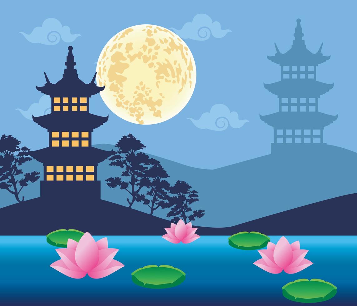 Happy Mid Autumn Festival Card mit Schloss und Mond vektor