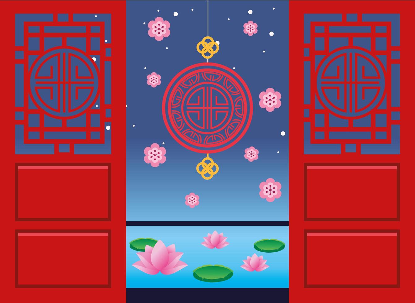 Happy Mid Autumn Festival Card mit Siegel, das in den Türen hängt vektor