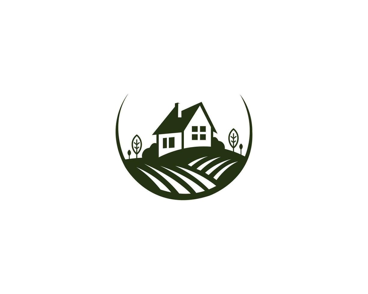 natürlich Bauernhof Haus Logo Design mit Landschaft und Haus Logo Design Vektor Konzept.