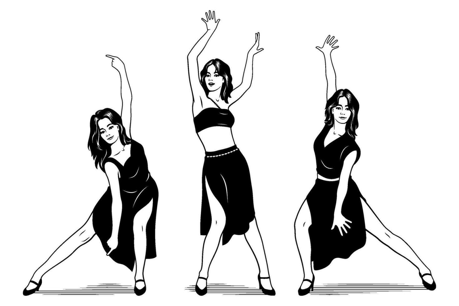 Tanzen Trio. drei Mädchen Tanzen und Singen. Gliederung Tinte Stil Zeichnung. Vektor Clip Art isoliert auf Weiß.