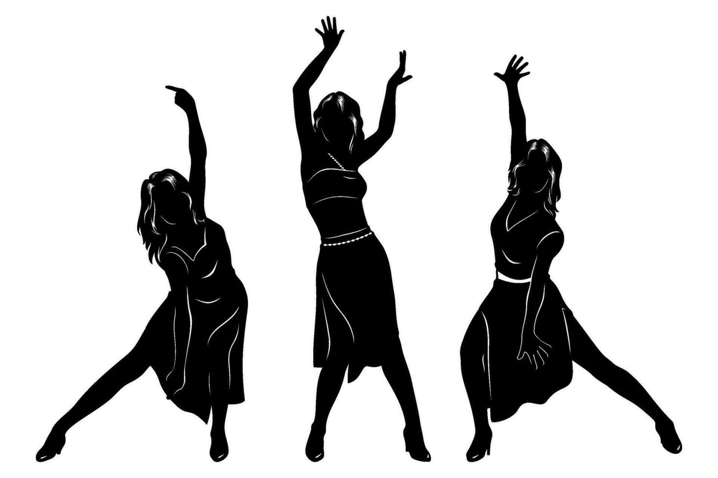 Tanzen Trio Silhouetten. drei Frauen Tanzen und Singen. Vektor Cliparts isoliert auf Weiß.