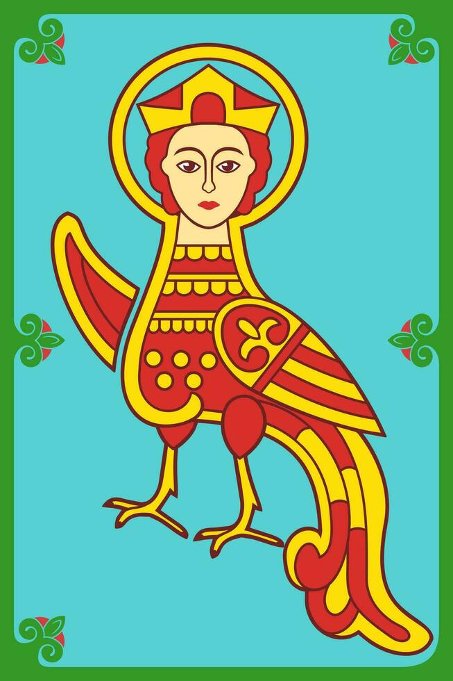 affisch av siren eller paradis fågel, eldfågel. gammal folk symbol. vektor illustration.