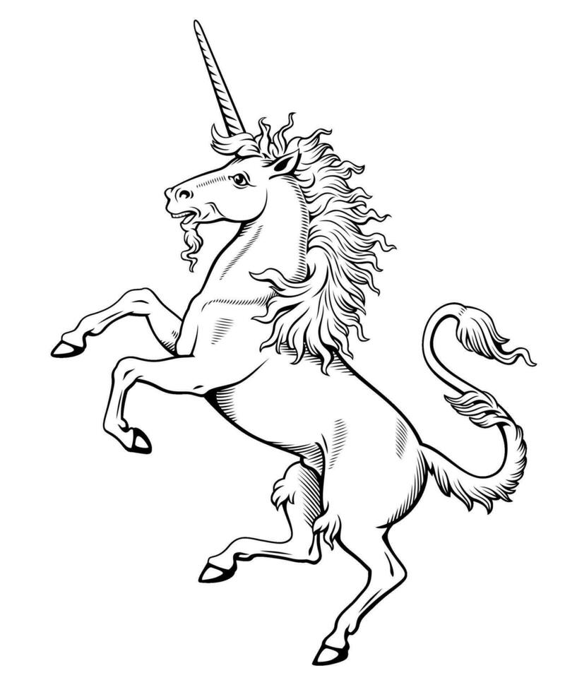 heraldisch Einhorn hervorstechend. Tinte Stil Gravur Vektor Clip Art. alle Weiß Teile verfügbar zum Färbung.