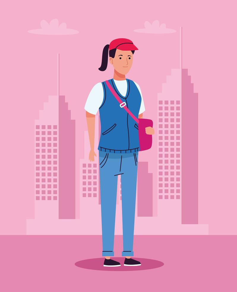 turist kvinna som står med mössa och handväska på stadens karaktär vektor