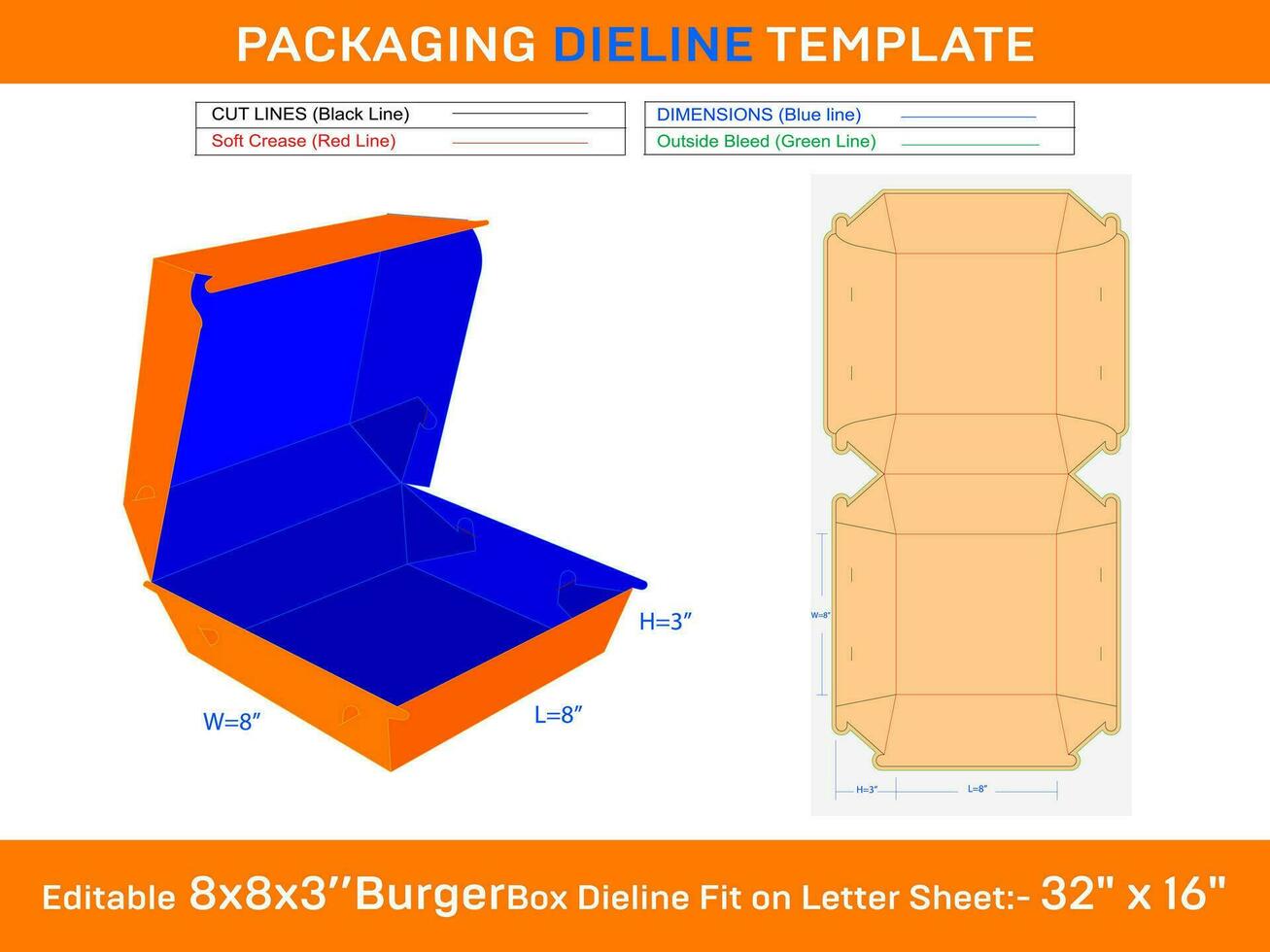 8x8x3'' burger låda Död linje mall svg, ai, eps, pdf, jpg, png fil vektor