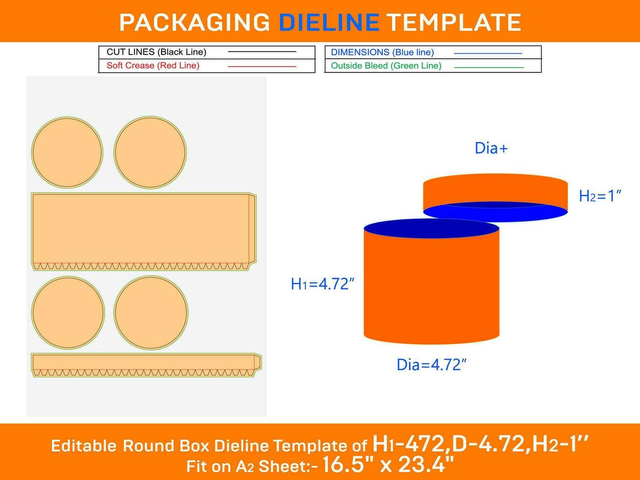 Plastik runden Topf, runden Deckel Box Dieline Vorlage mit das Abmessungen h1 4,72, d 4,72 Zoll vektor