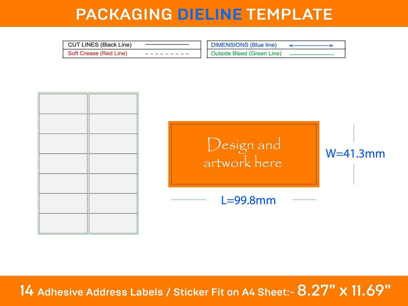 14 Klebstoff Adresse Etiketten Dieline Vorlage 99,8 x 4,13 mm vektor