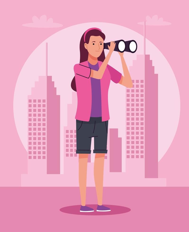 Touristenfrau, die mit Fernglas auf dem Stadtcharakter steht vektor