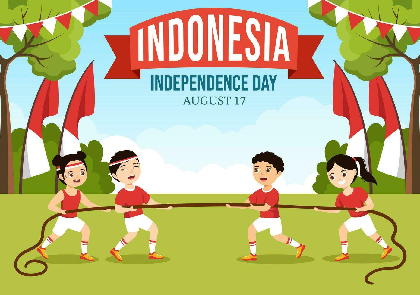 indonesiska oberoende dag vektor illustration på 17:e augusti med barn håller på med traditionell konkurrens i platt tecknad serie hand dragen mall