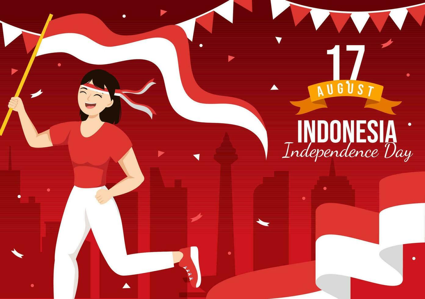 Indonesien Unabhängigkeit Tag Vektor Illustration auf 17 August mit indonesisch Flagge erziehen das rot und Weiß im eben Karikatur Hand gezeichnet Vorlagen