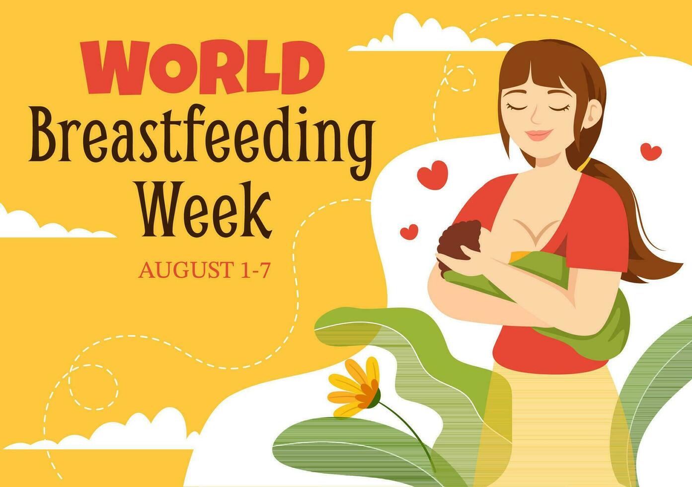 värld amning vecka vektor illustration av matning av spädbarn med mjölk från en kvinnors bröst i platt tecknad serie hand dragen mallar