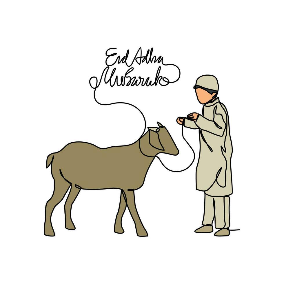 einer kontinuierlich Linie Zeichnung von eid adha Tag. islamisch Urlaub Das Stürze auf das 10 .. Tag von du al-Hijjah von das Mond- islamisch Kalender im einfach linear Stil. Islam Design Konzept Vektor Illustration