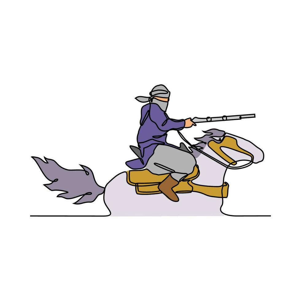 einer kontinuierlich Linie Zeichnung von Illustration von ein Soldat Reiten ein Pferd während Krieg. Soldat Reiten ein Pferd Konzept im einfach linear Stil kontinuierlich Linie. Soldat Konzept Vektor Illustration.