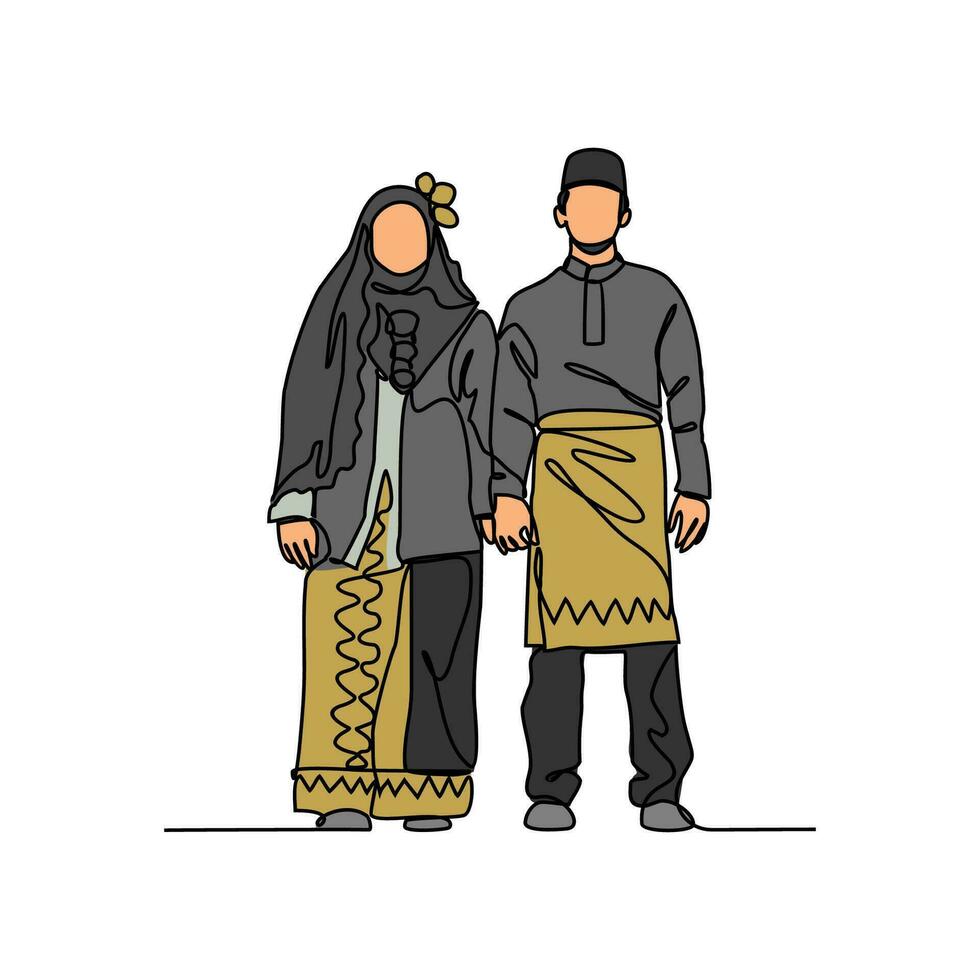einer kontinuierlich Linie Zeichnung von Menschen mit das traditionell Kleidung. asiatisch traditionell Kleider Konzept im einfach linear Stil. Mode und Schönheit Konzept Vektor Illustration
