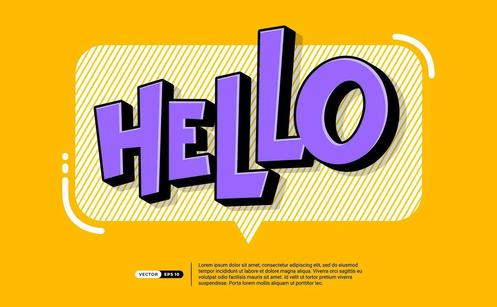 Hallå, Hej Tal bubbla i tecknad serie stil 3d djärv begrepp. modern vit bubbla med meddelande text Hej , gul bakgrund för baner, affisch, klistermärke. vektor illustration