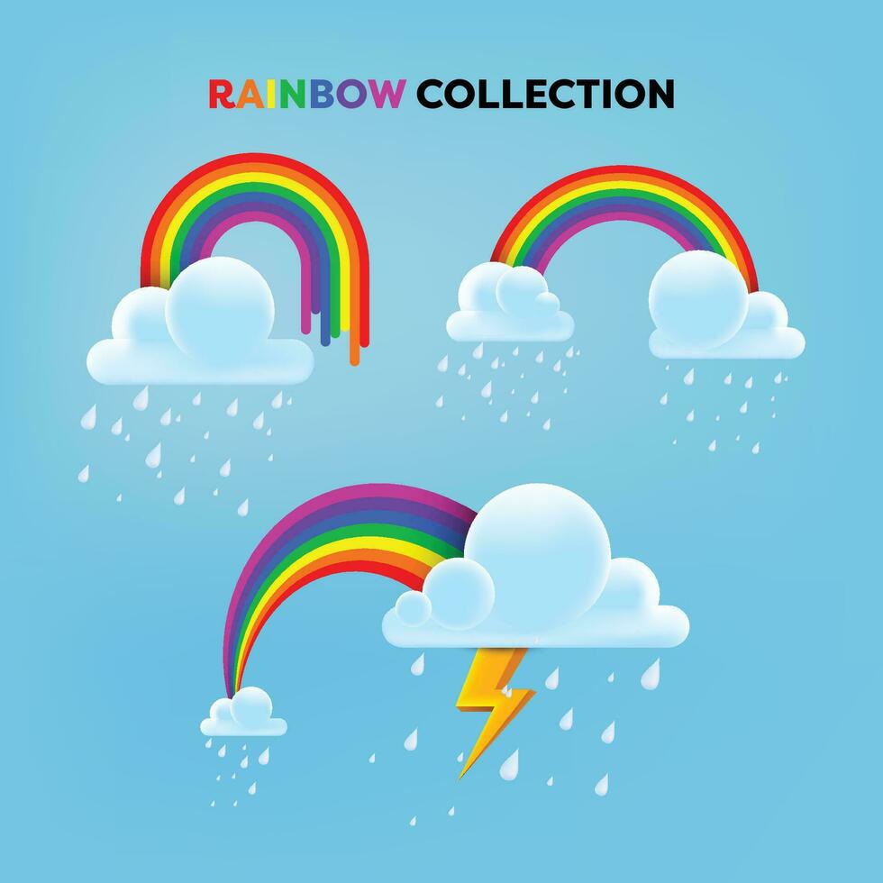 Vektor Illustration von bunt Monsun Regenbogen einstellen mit realistisch Wolken