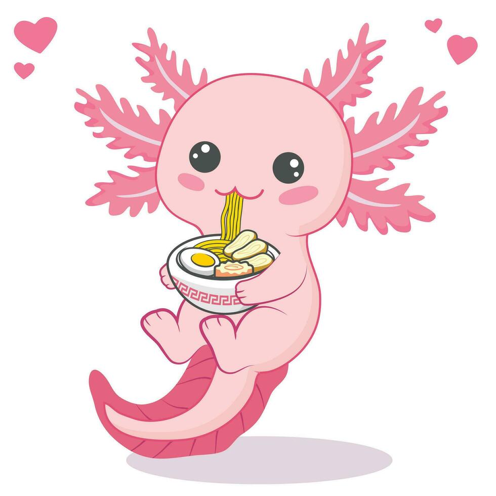 söt axolotl äter Ramen nudel tecknad serie vektor illustration