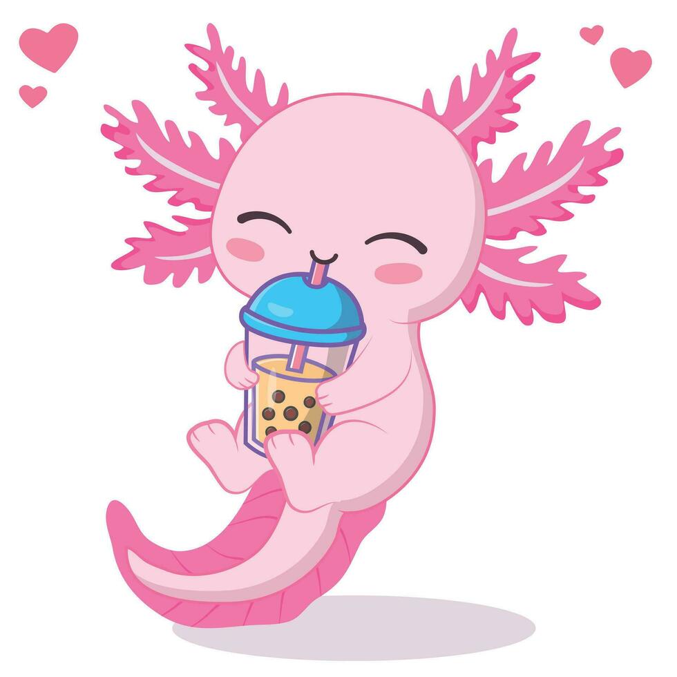 kawaii Axolotl Trinken Boba Milch Tee Karikatur Vektor Illustration