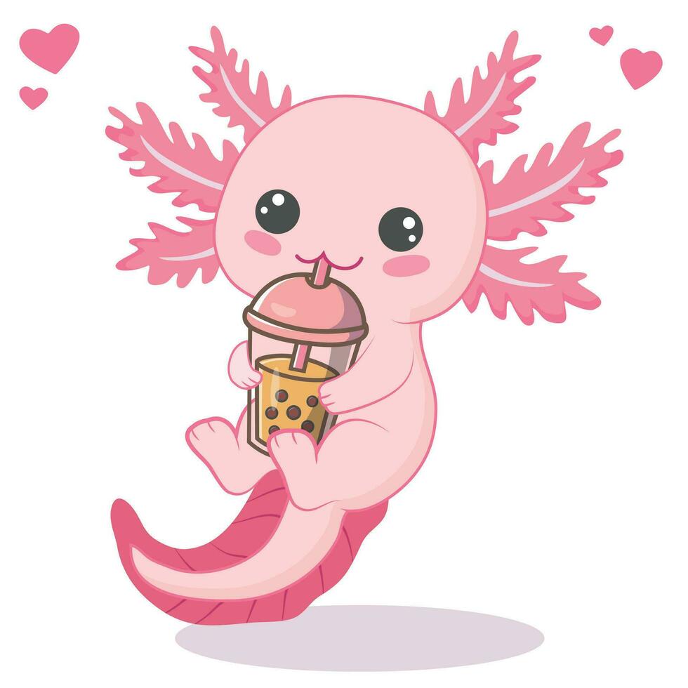 söt axolotl dricka boba mjölk te tecknad serie vektor illustration